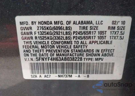 2010 Honda Pilot Ex-L из США, поврежденный, VIN 5FNYF4H63AB038228